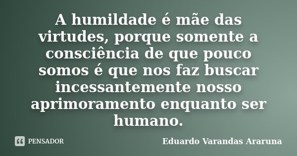 A humildade é mãe das virtudes, porque somente a consciência de que pouco somos é que nos faz buscar incessantemente nosso aprimoramento enquanto ser humano.... Frase de Eduardo Varandas Araruna.