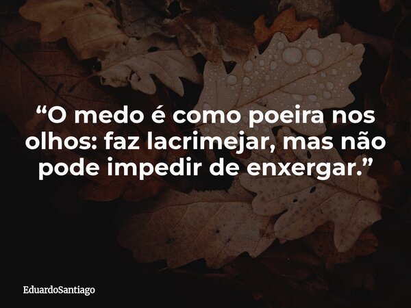 “O medo é como poeira nos olhos: faz lacrimejar, mas não pode impedir de enxergar.”... Frase de EduardoSantiago.
