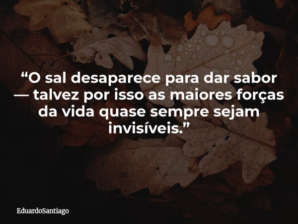 “O sal desaparece para dar sabor — talvez por isso as maiores forças da vida quase sempre sejam invisíveis.”... Frase de EduardoSantiago.