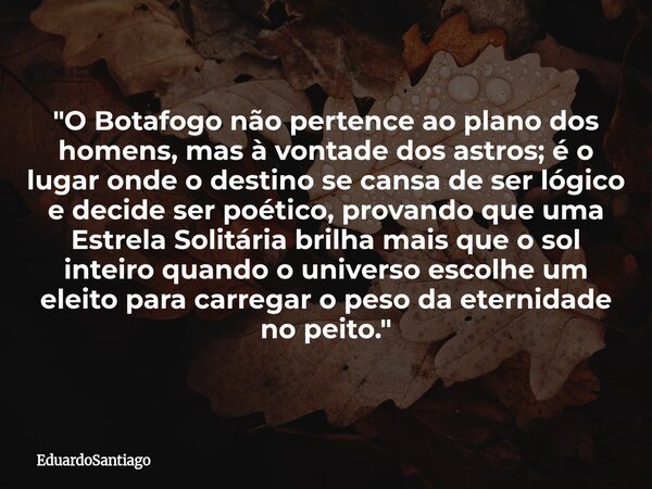 ​"O Botafogo não pertence ao plano dos homens, mas à vontade dos astros; é o lugar onde o destino se cansa de ser lógico e decide ser poético, provando que... Frase de EduardoSantiago.