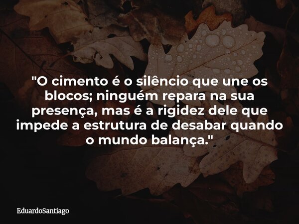 ​"O cimento é o silêncio que une os blocos; ninguém repara na sua presença, mas é a rigidez dele que impede a estrutura de desabar quando o mundo balança.&... Frase de EduardoSantiago.