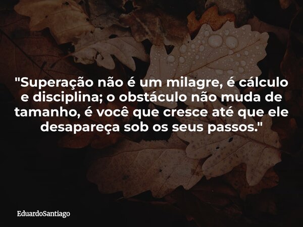 ​"Superação não é um milagre, é cálculo e disciplina; o obstáculo não muda de tamanho, é você que cresce até que ele desapareça sob os seus passos."... Frase de EduardoSantiago.
