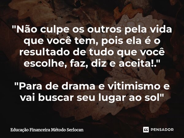 ⁠"Não culpe os outros pela vida que você tem, pois ela é o resultado de tudo que você escolhe, faz, diz e aceita!." "Para de drama e vitimismo e ... Frase de Educação Financeira Método Serlocan.