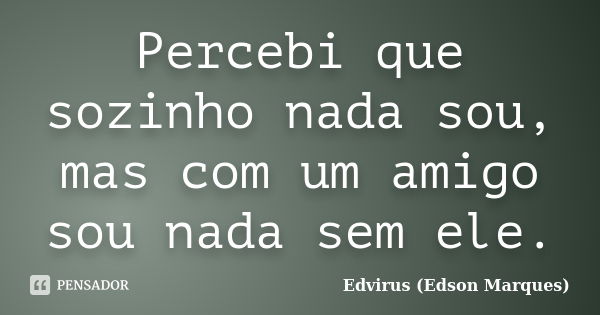 Percebi que sozinho nada sou, mas com um amigo sou nada sem ele.... Frase de Edvirus (Edson Marques).