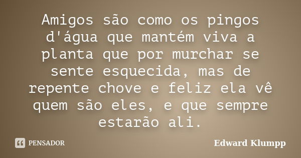 Amigos são como os pingos d'água que mantém viva a planta que por murchar se sente esquecida, mas de repente chove e feliz ela vê quem são eles, e que sempre es... Frase de Edward Klumpp.