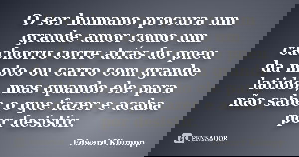 O ser humano procura um grande amor como um cachorro corre atrás do pneu da moto ou carro com grande latido, mas quando ele para não sabe o que fazer e acaba po... Frase de Edward Klumpp.