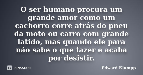 O ser humano procura um grande amor como um cachorro corre atrás do pneu da moto ou carro com grande latido, mas quando ele para não sabe o que fazer e acaba po... Frase de Edward Klumpp.