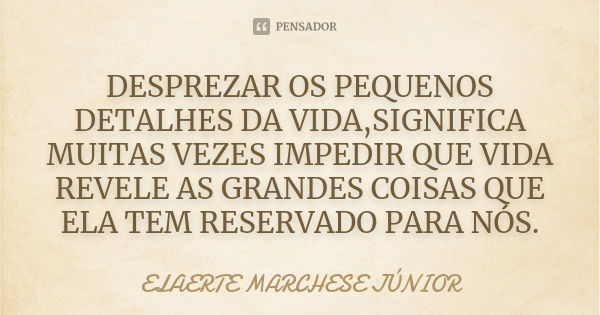 DESPREZAR OS PEQUENOS DETALHES DA VIDA,SIGNIFICA MUITAS VEZES IMPEDIR QUE VIDA REVELE AS GRANDES COISAS QUE ELA TEM RESERVADO PARA NÓS.... Frase de ELAERTE MARCHESE JÚNIOR.