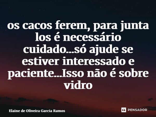 ⁠os cacos ferem, para junta los é necessário cuidado…só ajude se estiver interessado e paciente…Isso não é sobre vidro... Frase de Elaine de oliveira Garcia Ramos.