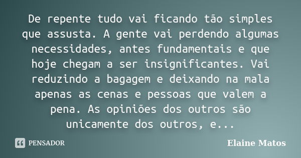 De repente tudo vai ficando tão simples que assusta. A gente vai perdendo algumas necessidades, antes fundamentais e que hoje chegam a ser insignificantes. Vai ... Frase de Elaine Matos.