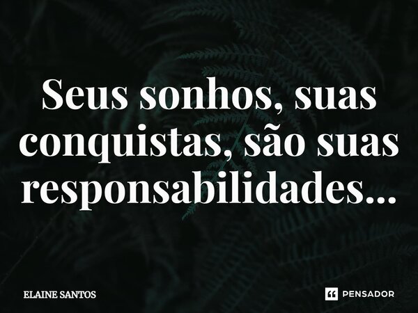 ⁠Seus sonhos, suas conquistas, são suas responsabilidades...... Frase de Elaine Santos.