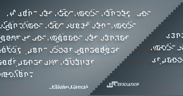A dor te faz mais forte, as lágrimas faz você ter mais coragem e as mágoas te torna mais sábio, por isso agradeça o passado para um futuro melhor.... Frase de Elaino Garcia.
