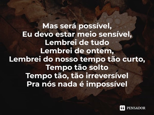 ⁠Mas será possível,
Eu devo estar meio sensível,
Lembrei de tudo
Lembrei de ontem,
Lembrei do nosso tempo tão curto,
Tempo tão solto
Tempo tão, tão irreversível... Frase de Elana Dara.