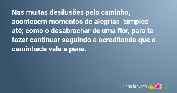 Nas muitas desilusões pelo caminho, acontecem momentos de alegrias "simples" até; como o desabrochar de uma flor, para te fazer continuar seguindo e a... Frase de Elane Azevedo.