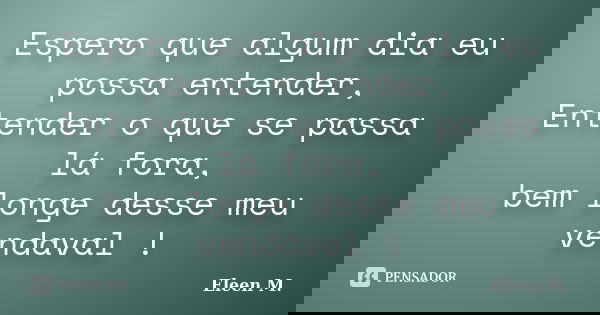 Espero que algum dia eu possa entender, Entender o que se passa lá fora, bem longe desse meu vendaval !... Frase de Eleen M..