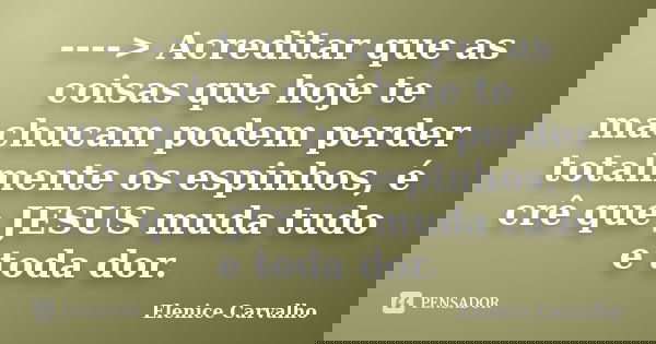 ----> Acreditar que as coisas que hoje te machucam podem perder totalmente os espinhos, é crê que JESUS muda tudo e toda dor.... Frase de Elenice Carvalho.