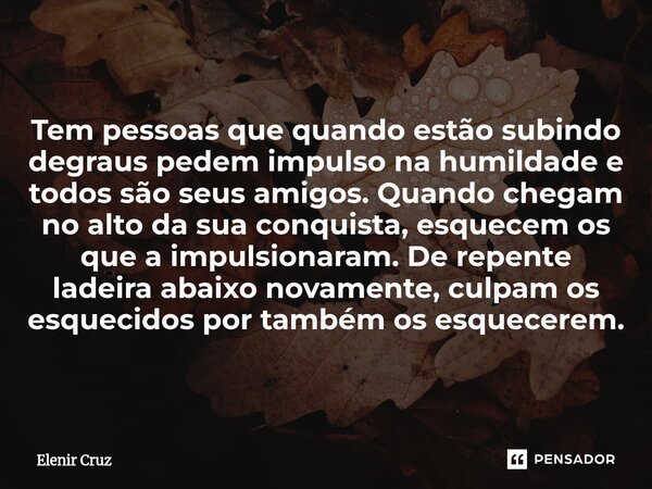Tem pessoas que quando estão subindo degraus pedem impulso na humildade e todos são seus amigos. Quando chegam no alto da sua conquista, esquecem os que a impul... Frase de Elenir Cruz.