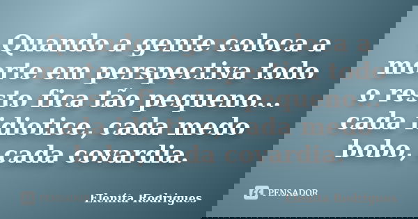 Quando a gente coloca a morte em perspectiva todo o resto fica tão pequeno... cada idiotice, cada medo bobo, cada covardia.... Frase de Elenita Rodrigues.