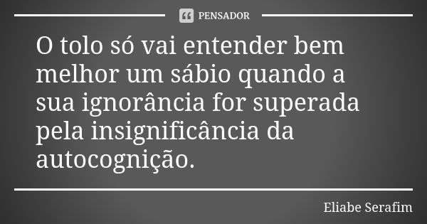 O tolo só vai entender bem melhor um sábio quando a sua ignorância for superada pela insignificância da autocognição.... Frase de Eliabe Serafim.