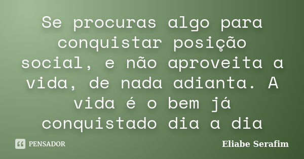 Se procuras algo para conquistar posição social, e não aproveita a vida, de nada adianta. A vida é o bem já conquistado dia a dia... Frase de Eliabe Serafim.