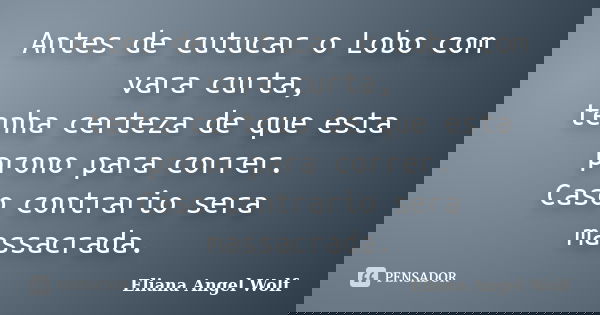 Antes de cutucar o Lobo com vara curta, tenha certeza de que esta prono para correr. Caso contrario sera massacrada.... Frase de Eliana Angel Wolf.