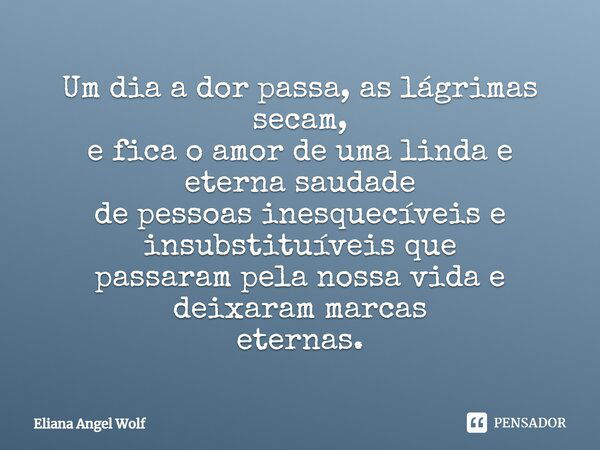 Um dia a dor passa, as lágrimas secam, e fica o amor de uma linda e eterna saudade de pessoas inesquecíveis e insubstituíveis que passaram pela nossa vida e dei... Frase de Eliana Angel Wolf.