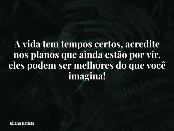 A vida tem tempos certos, acredite nos planos que ainda estão por vir, eles podem ser melhores do que você imagina!... Frase de Eliana Batista.