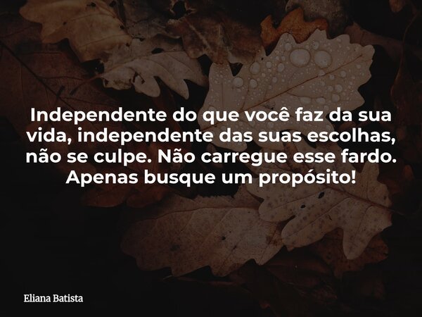 Independente do que você faz da sua vida, independente das suas escolhas, não se culpe. Não carregue esse fardo. Apenas busque um propósito!... Frase de Eliana Batista.