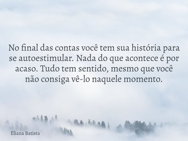 No final das contas você tem sua história para se autoestimular. Nada do que acontece é por acaso. Tudo tem sentido, mesmo que você não consiga vê-lo naquele mo... Frase de Eliana Batista.
