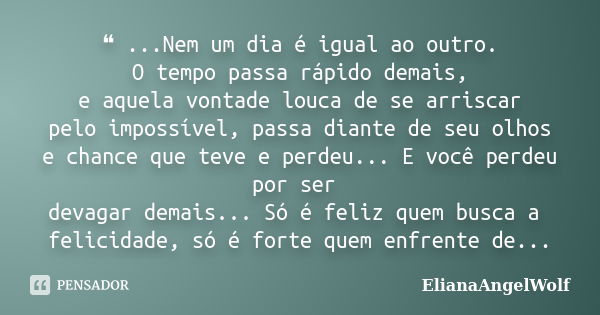 ❝ ...Nem um dia é igual ao outro. O tempo passa rápido demais, e aquela vontade louca de se arriscar pelo impossível, passa diante de seu olhos e chance que tev... Frase de ElianaAngelWolf.