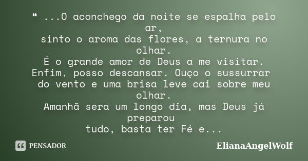 ❝ ...O aconchego da noite se espalha pelo ar, sinto o aroma das flores, a ternura no olhar. É o grande amor de Deus a me visitar. Enfim, posso descansar. Ouço o... Frase de ElianaAngelWolf.