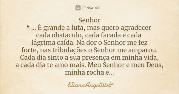 Senhor ❝ ... É grande a luta, mas quero agradecer cada obstaculo, cada facada e cada lágrima caída. Na dor o Senhor me fez forte, nas tribulações o Senhor me am... Frase de ElianaAngelWolf.