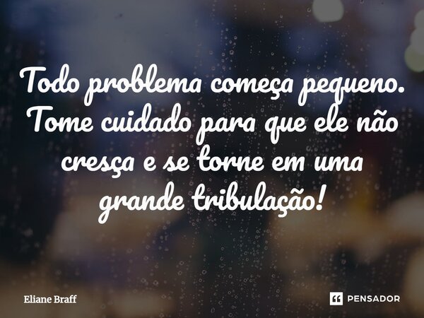 ⁠Todo problema começa pequeno. Tome cuidado para que ele não cresça e se torne em uma grande tribulação!... Frase de Eliane Braff.