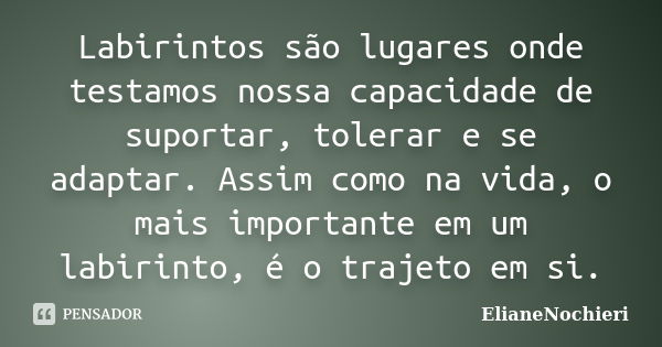 Labirintos são lugares onde testamos nossa capacidade de suportar, tolerar e se adaptar. Assim como na vida, o mais importante em um labirinto, é o trajeto em s... Frase de ElianeNochieri.