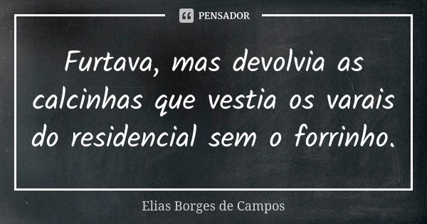 Furtava, mas devolvia as calcinhas que vestia os varais do residencial sem o forrinho.... Frase de Elias Borges de Campos.