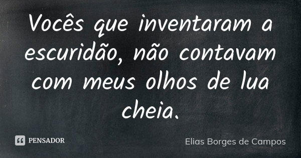 Vocês que inventaram a escuridão, não contavam com meus olhos de lua cheia.... Frase de Elias Borges de Campos.