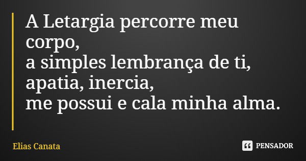 A Letargia percorre meu corpo, a simples lembrança de ti, apatia, inercia, me possui e cala minha alma.... Frase de Elias Canata.
