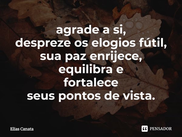 ⁠agrade a si,
despreze os elogios fútil,
sua paz enrijece,
equilibra e
fortalece
seus pontos de vista.... Frase de Elias Canata.