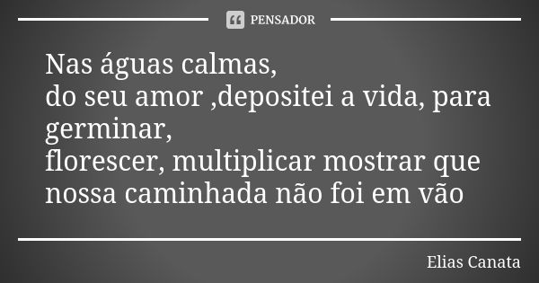 Nas águas calmas, do seu amor ,depositei a vida, para germinar, florescer, multiplicar mostrar que nossa caminhada não foi em vão... Frase de Elias Canata.