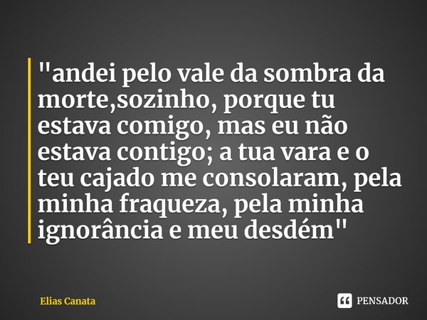 ⁠"andei pelo vale da sombra da morte,sozinho, porque tu estava comigo, mas eu não estava contigo; a tua vara e o teu cajado me consolaram, pela minha fraqu... Frase de Elias Canata.