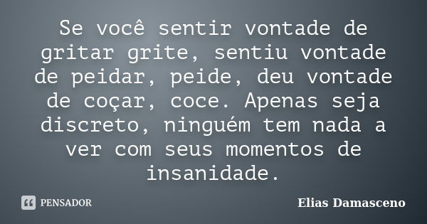 Se você sentir vontade de gritar grite, sentiu vontade de peidar, peide, deu vontade de coçar, coce. Apenas seja discreto, ninguém tem nada a ver com seus momen... Frase de Elias Damasceno.