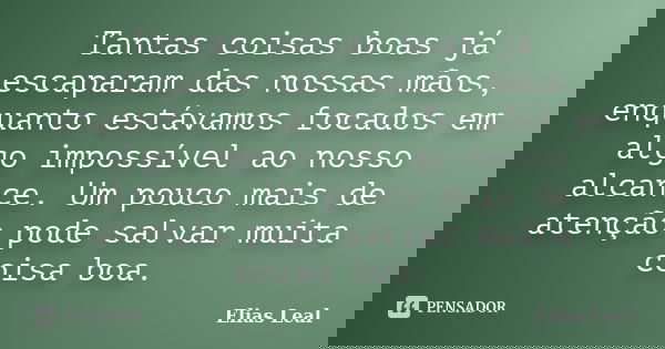 Tantas coisas boas já escaparam das nossas mãos, enquanto estávamos focados em algo impossível ao nosso alcance. Um pouco mais de atenção pode salvar muita cois... Frase de Elias Leal.