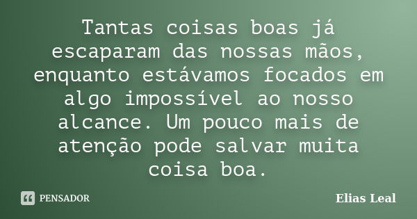 Tantas coisas boas já escaparam das nossas mãos, enquanto estávamos focados em algo impossível ao nosso alcance. Um pouco mais de atenção pode salvar muita cois... Frase de Elias Leal.