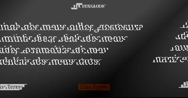 Linda dos meus olhos, gostosura da minha boca, bela dos meus ouvidos, aromática do meu nariz e delícia dos meus tatos.... Frase de Elias Torres.