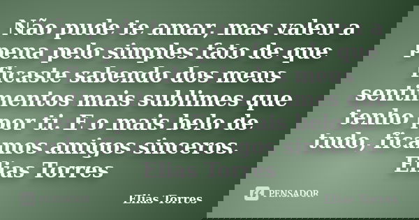 Não pude te amar, mas valeu a pena pelo simples fato de que ficaste sabendo dos meus sentimentos mais sublimes que tenho por ti. E o mais belo de tudo, ficamos ... Frase de Elias Torres.