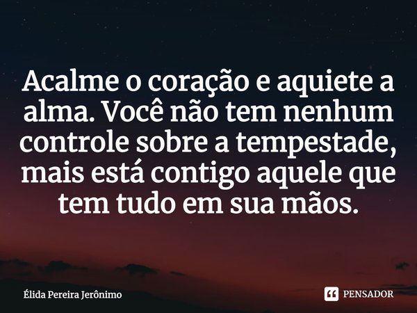 ⁠Acalme o coração e aquiete a alma. Você não tem nenhum controle sobre a tempestade, mais está contigo aquele que tem tudo em suas mãos.... Frase de Élida Pereira Jerônimo.