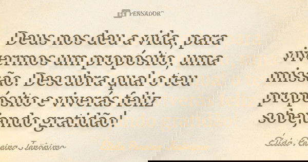 Deus nos deu a vida, para vivermos um propósito, uma missão. Descubra qual o teu propósito e viverás feliz sobejando gratidão!... Frase de Élida Pereira Jerônimo.