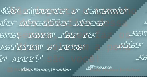 Não importa o tamanho dos desafios dessa semana, quem faz os dias valerem a pena são você!... Frase de Élida Pereira Jerônimo.