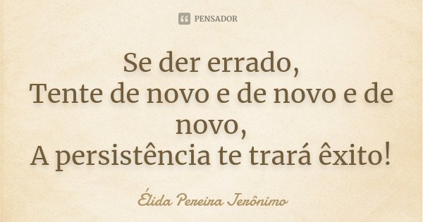 Se der errado, Tente de novo e de novo e de novo, A persistência te trará êxito!... Frase de Élida Pereira Jeronimo.