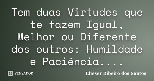 Tem duas Virtudes que te fazem Igual, Melhor ou Diferente dos outros: Humildade e Paciência....... Frase de Elieser Ribeiro dos Santos.